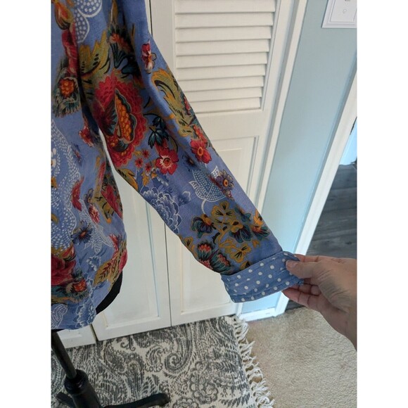 Coldwater Creek Linen Jacket Women's PXL Blue Floral Petite Cottage Core Hippie - Picture 6 of 15